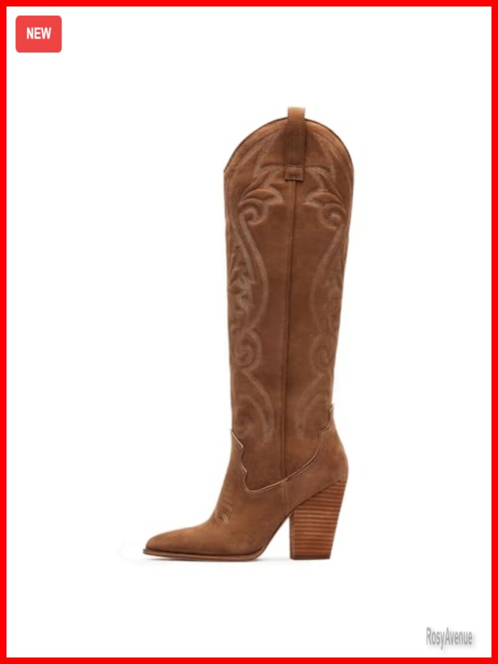 Knee High Cowboy Boots Pointed Toe Chunky Heel Pull-On Embroidered Western Boots